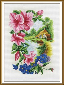 Набір для вишивки хрестиком на канвы з фоновим зображенням Будиночок в селі
