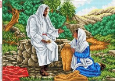 Схема вишивки бісером повна зашивка на габардині Ісус Христос і самарянка
