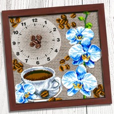 Схема вишивки бісером (нитками) на габардині Годинник Кава з орхідеями